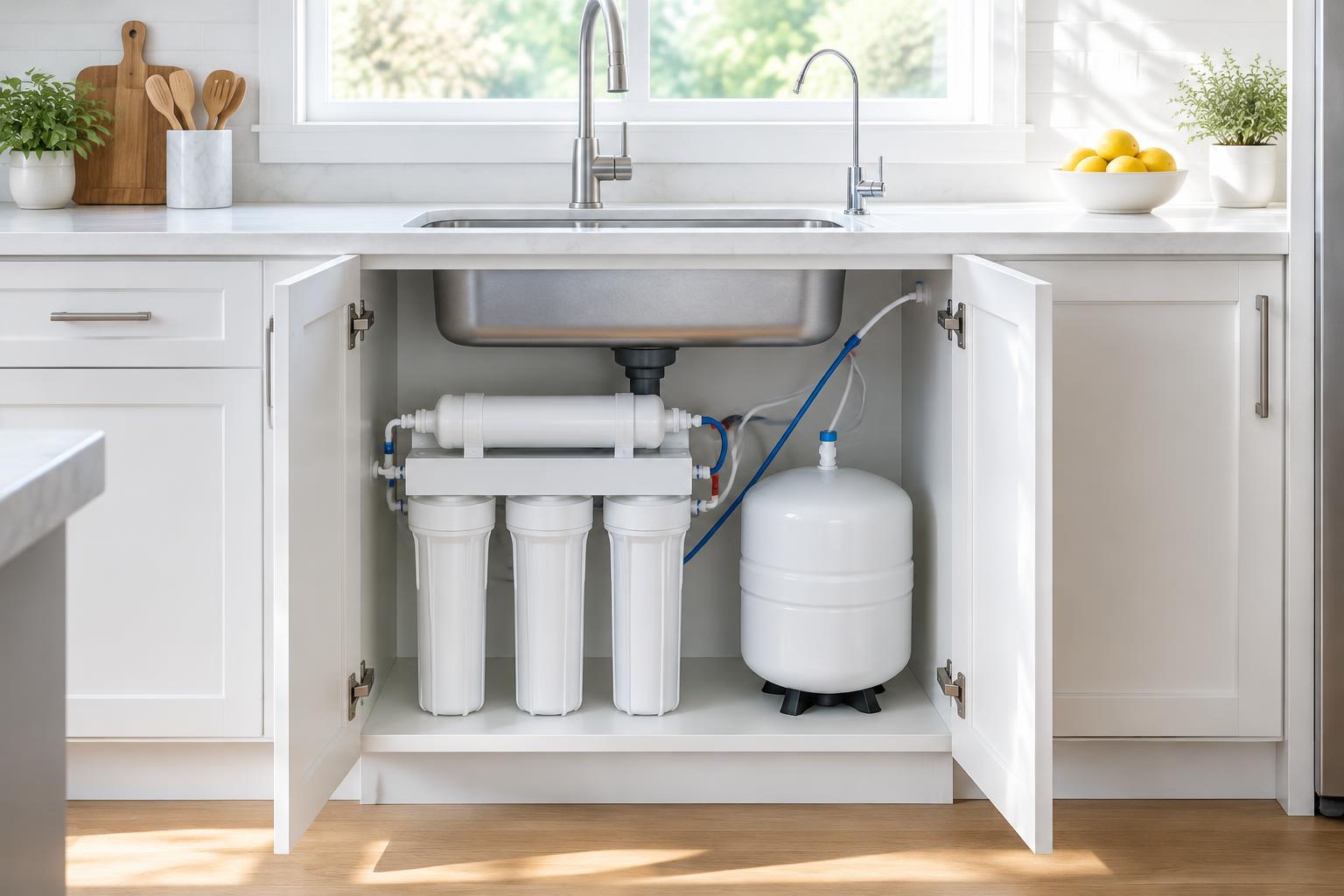 Illustrative reverse osmosis filters and storage tank neatly arranged beneath a kitchen sink