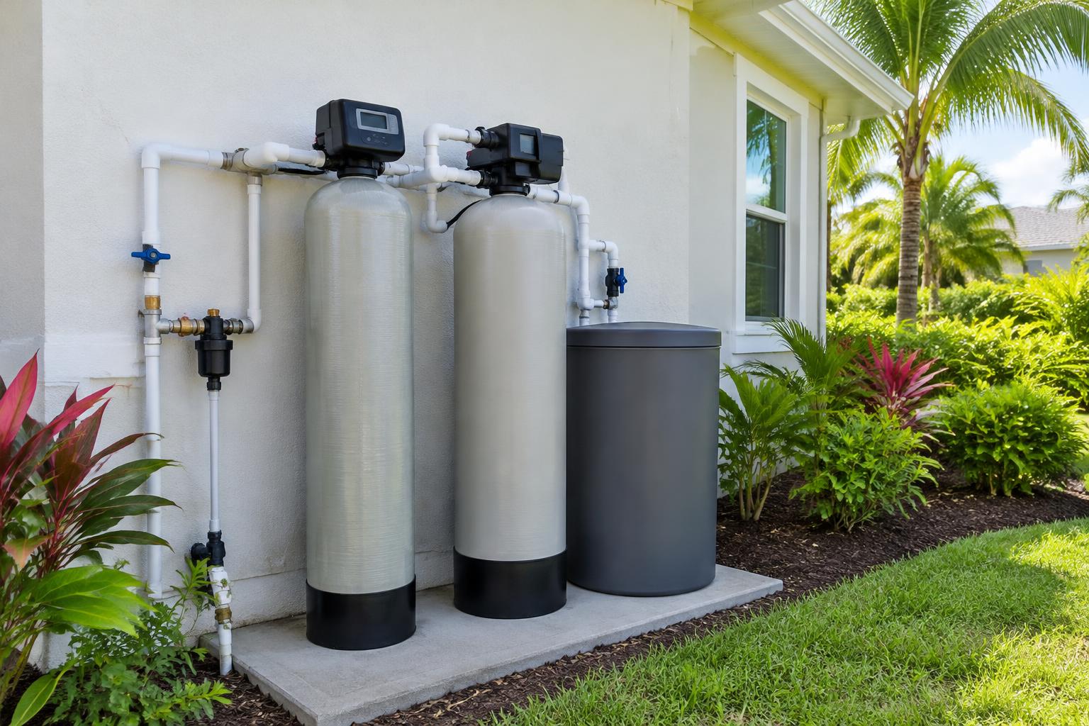 Illustrative whole-home treatment tanks and piping beside a Florida home's utility wall